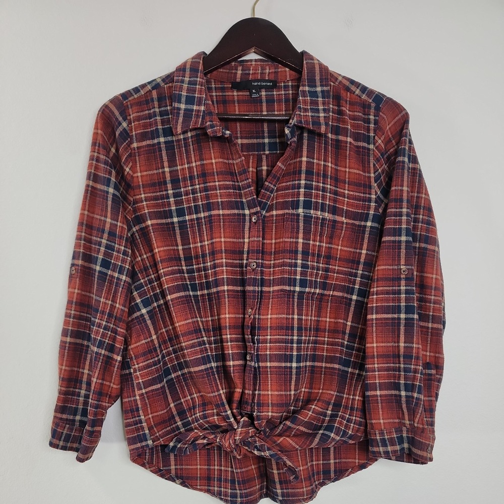 Harve Benard Women's XL Plaid Flannel Button Up Tie Front Shirt Fall Rust Navy